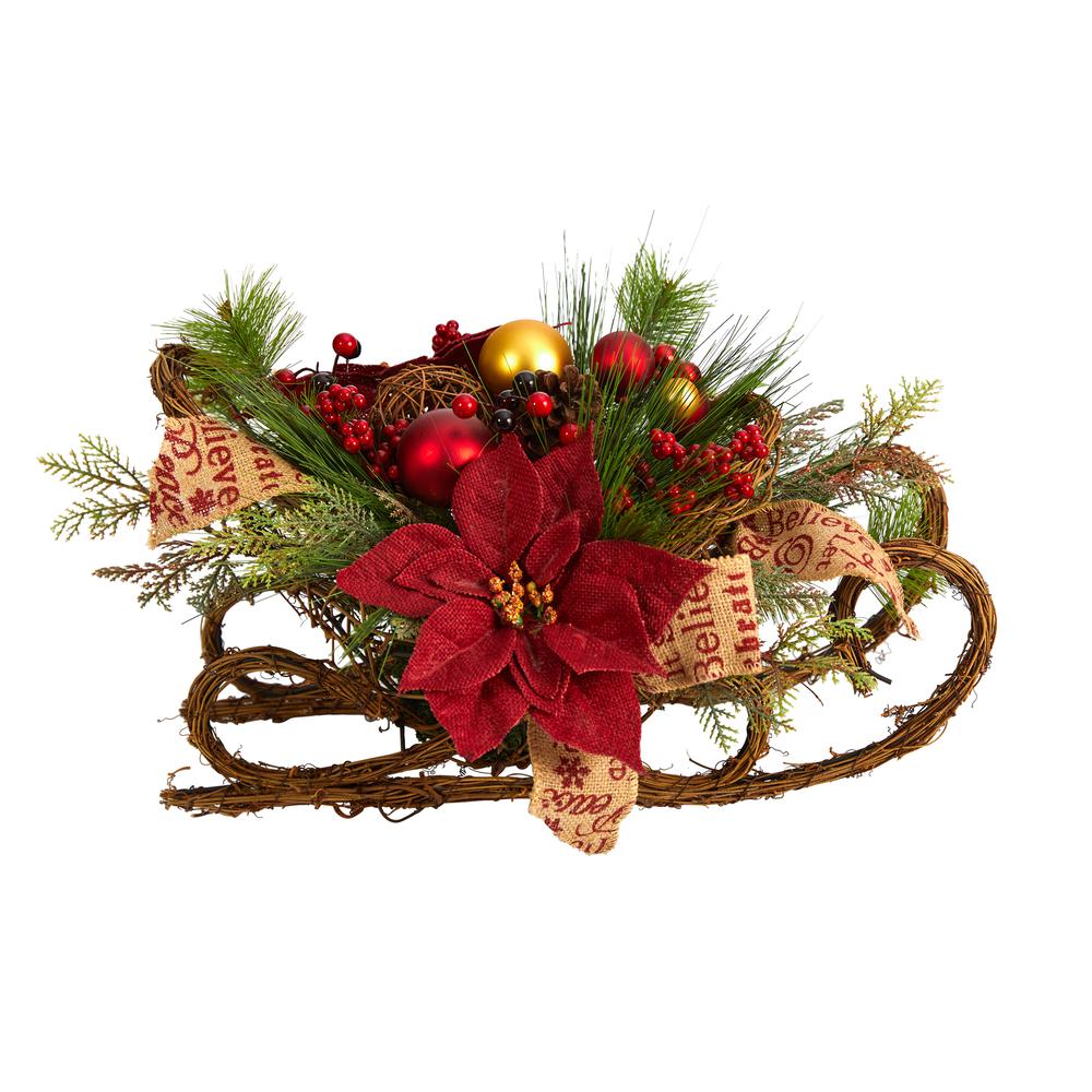 18in. Christmas Sleigh with Poinsettia, Berries and Pinecone Artificial Arrangement with Ornaments. Picture 6