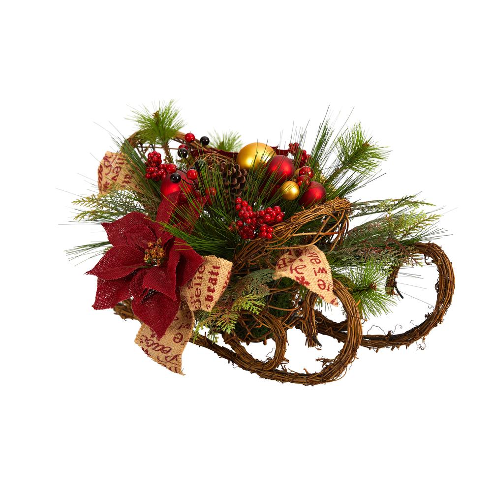 18in. Christmas Sleigh with Poinsettia, Berries and Pinecone Artificial Arrangement with Ornaments. Picture 2