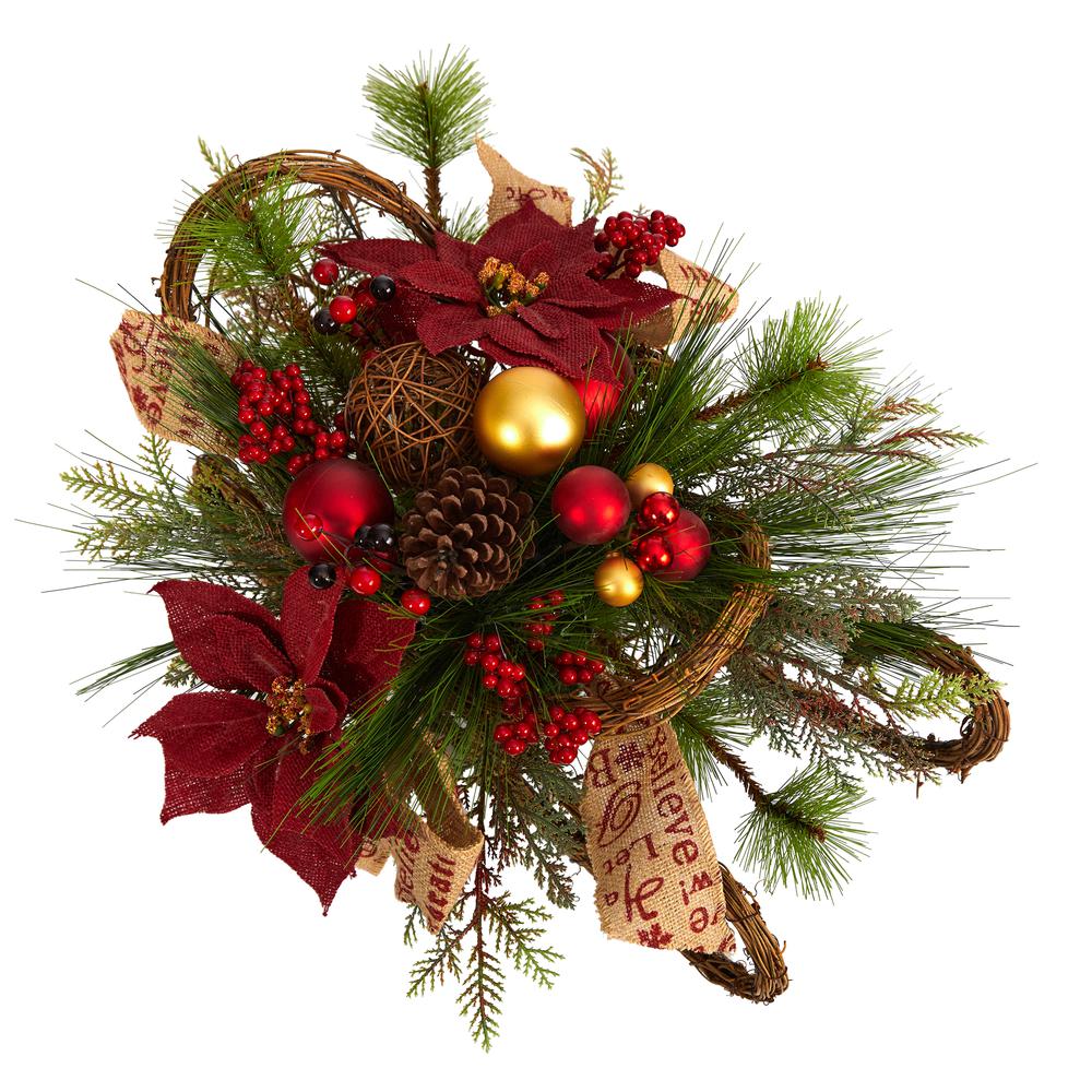 18in. Christmas Sleigh with Poinsettia, Berries and Pinecone Artificial Arrangement with Ornaments. Picture 3