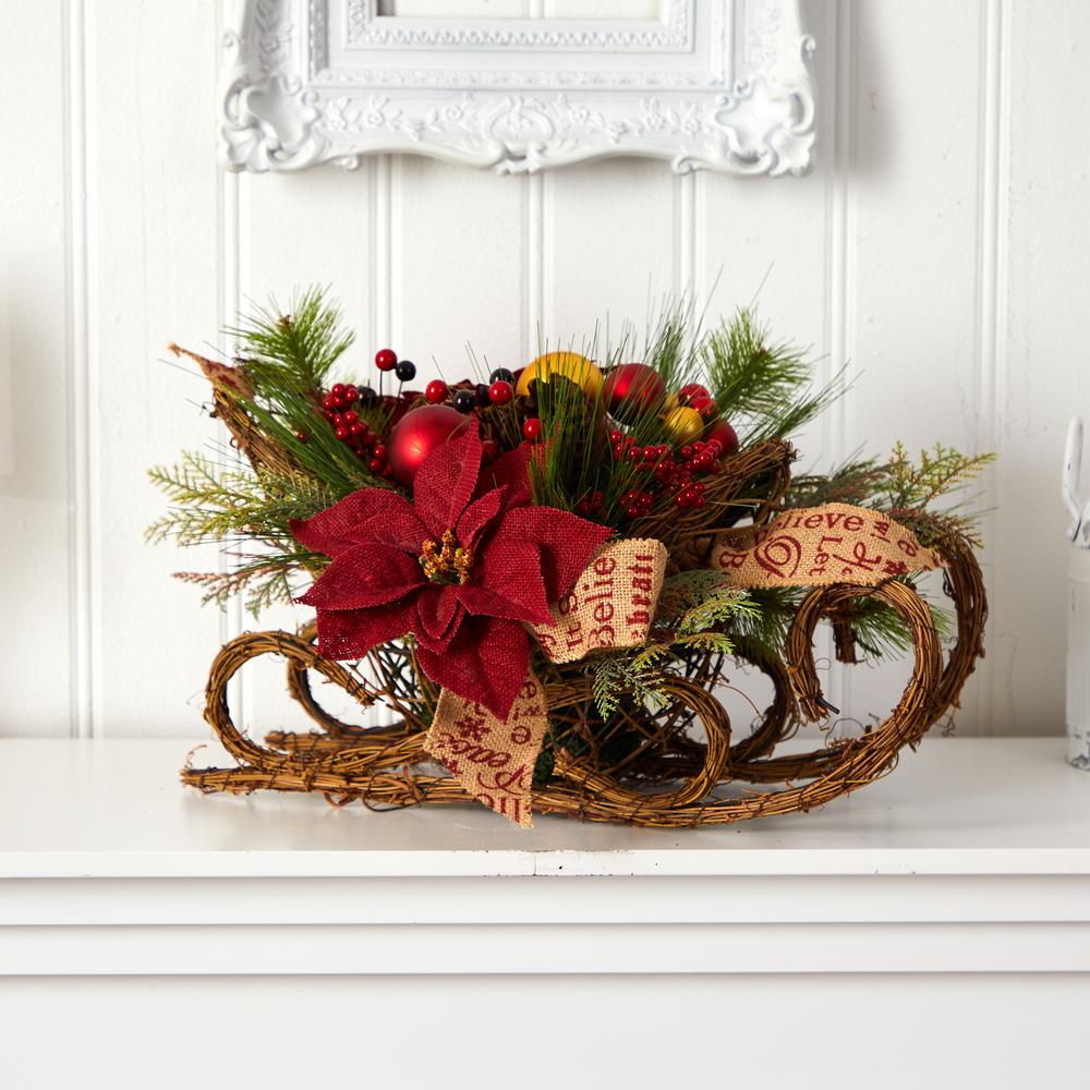 18in. Christmas Sleigh with Poinsettia, Berries and Pinecone Artificial Arrangement with Ornaments. Picture 5