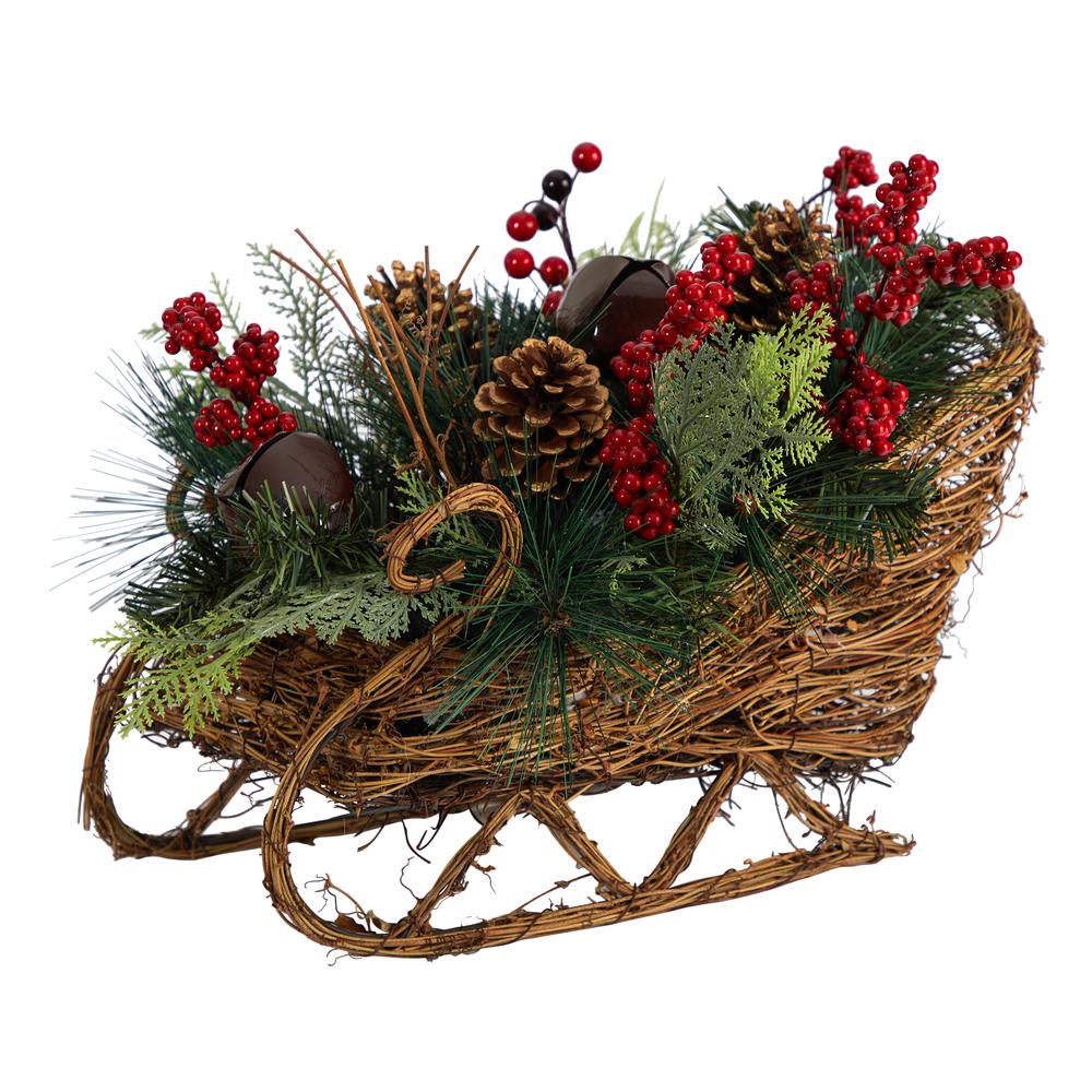 18in. Christmas Sleigh with Pine, Pinecones and Berries Artificial Christmas Arrangement. Picture 5