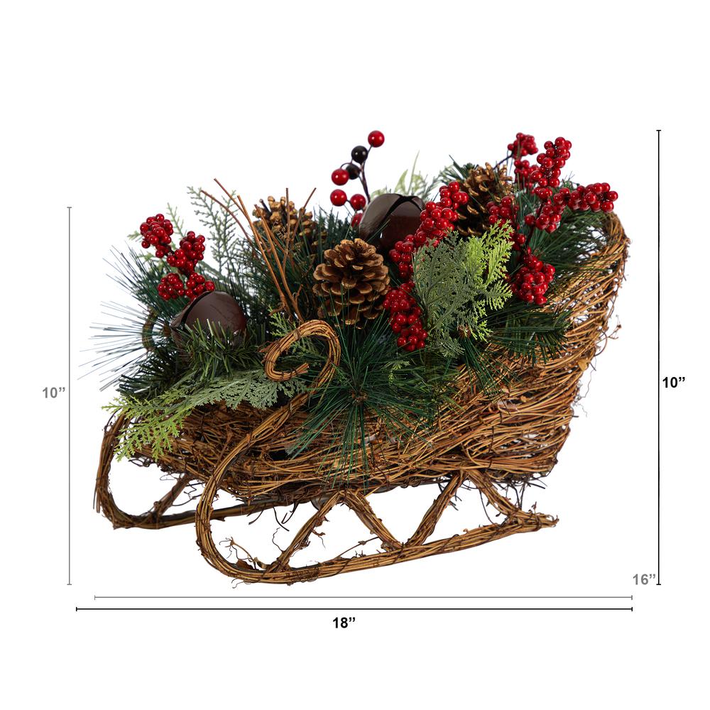 18in. Christmas Sleigh with Pine, Pinecones and Berries Artificial Christmas Arrangement. Picture 1