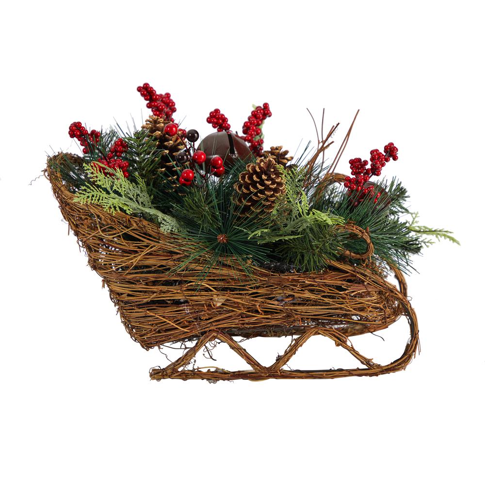 18in. Christmas Sleigh with Pine, Pinecones and Berries Artificial Christmas Arrangement. Picture 2