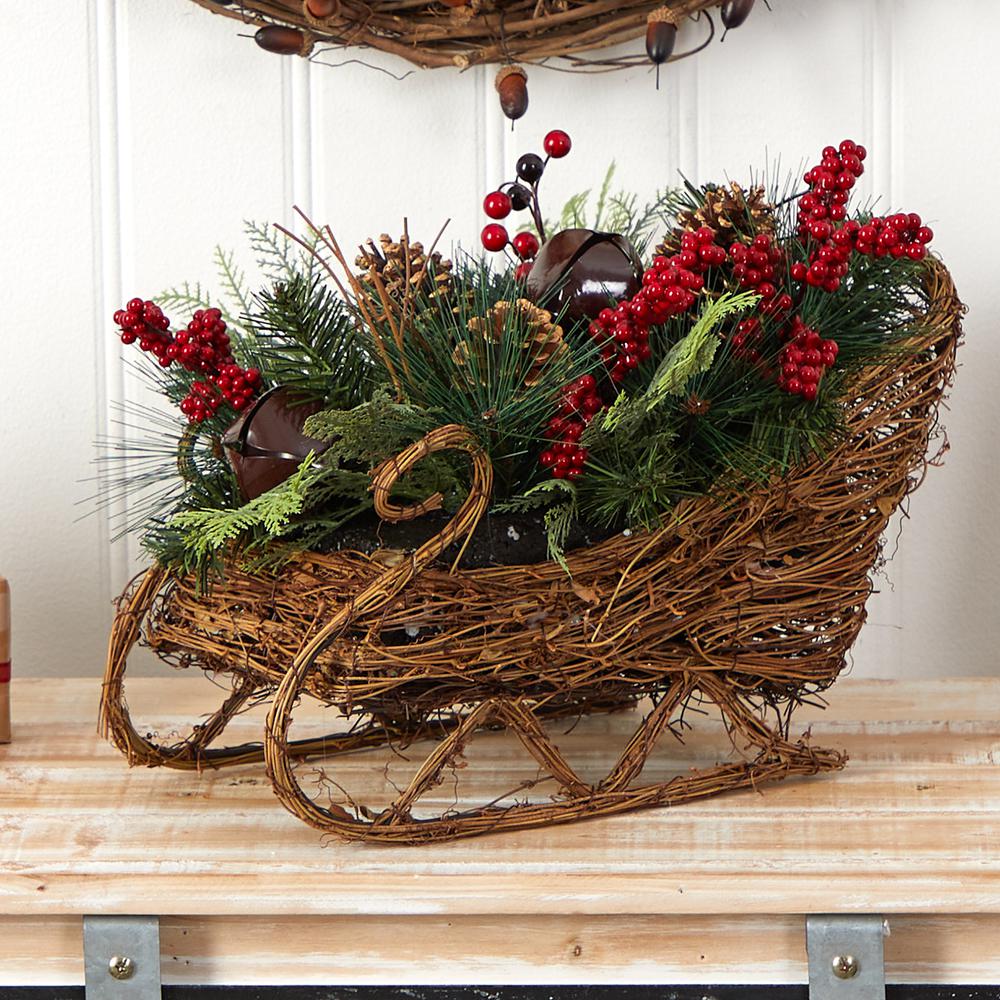 18in. Christmas Sleigh with Pine, Pinecones and Berries Artificial Christmas Arrangement. Picture 4