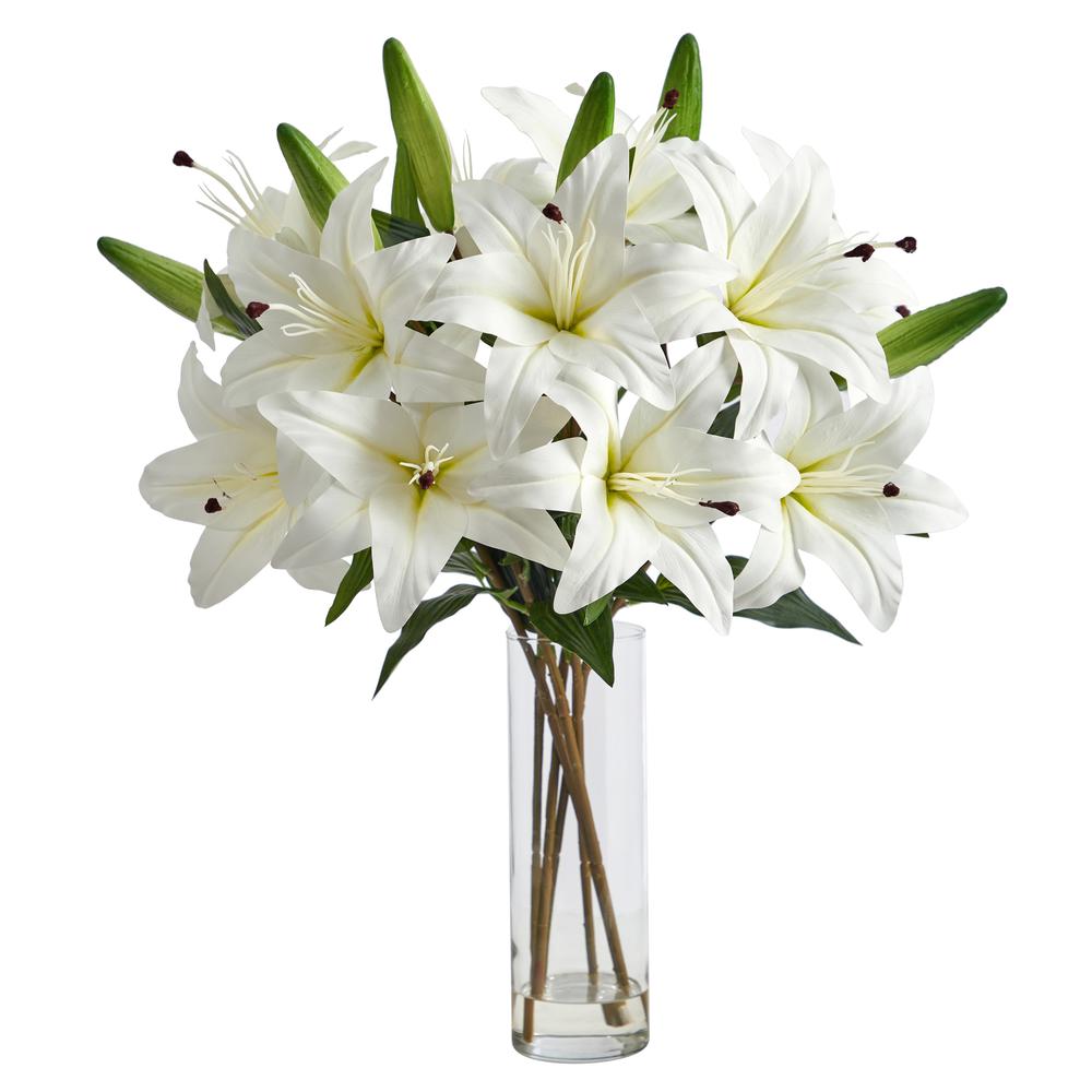 25in. Artificial Lily Arrangement with Cylinder Glass Vase. Picture 1
