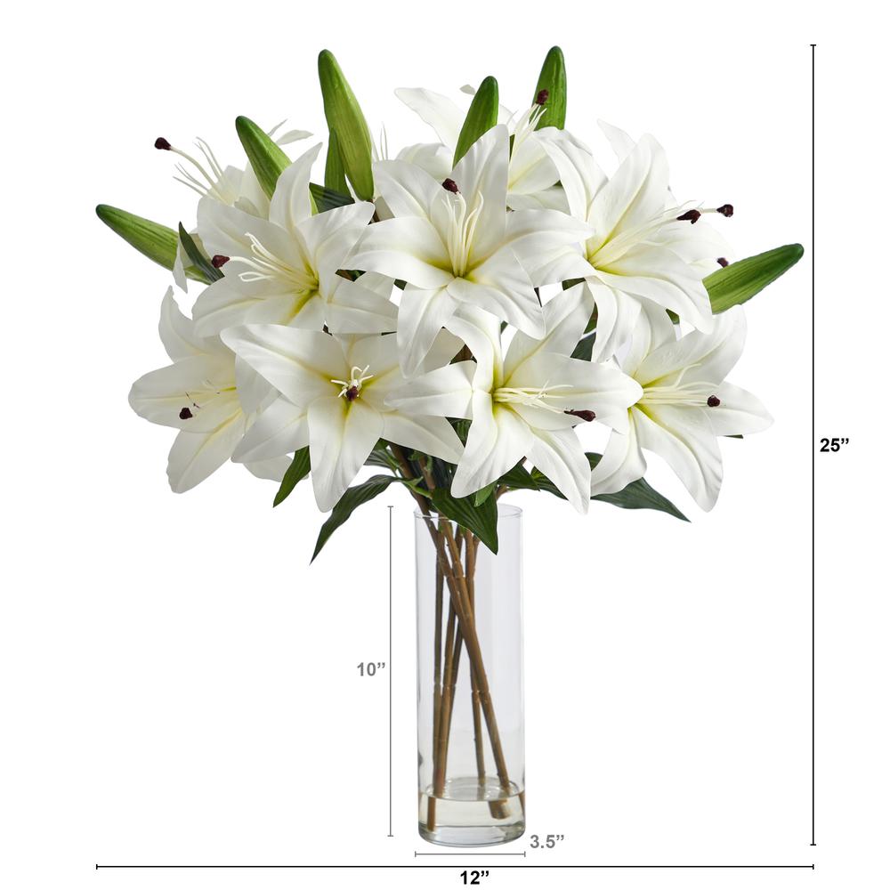 25in. Artificial Lily Arrangement with Cylinder Glass Vase. Picture 2