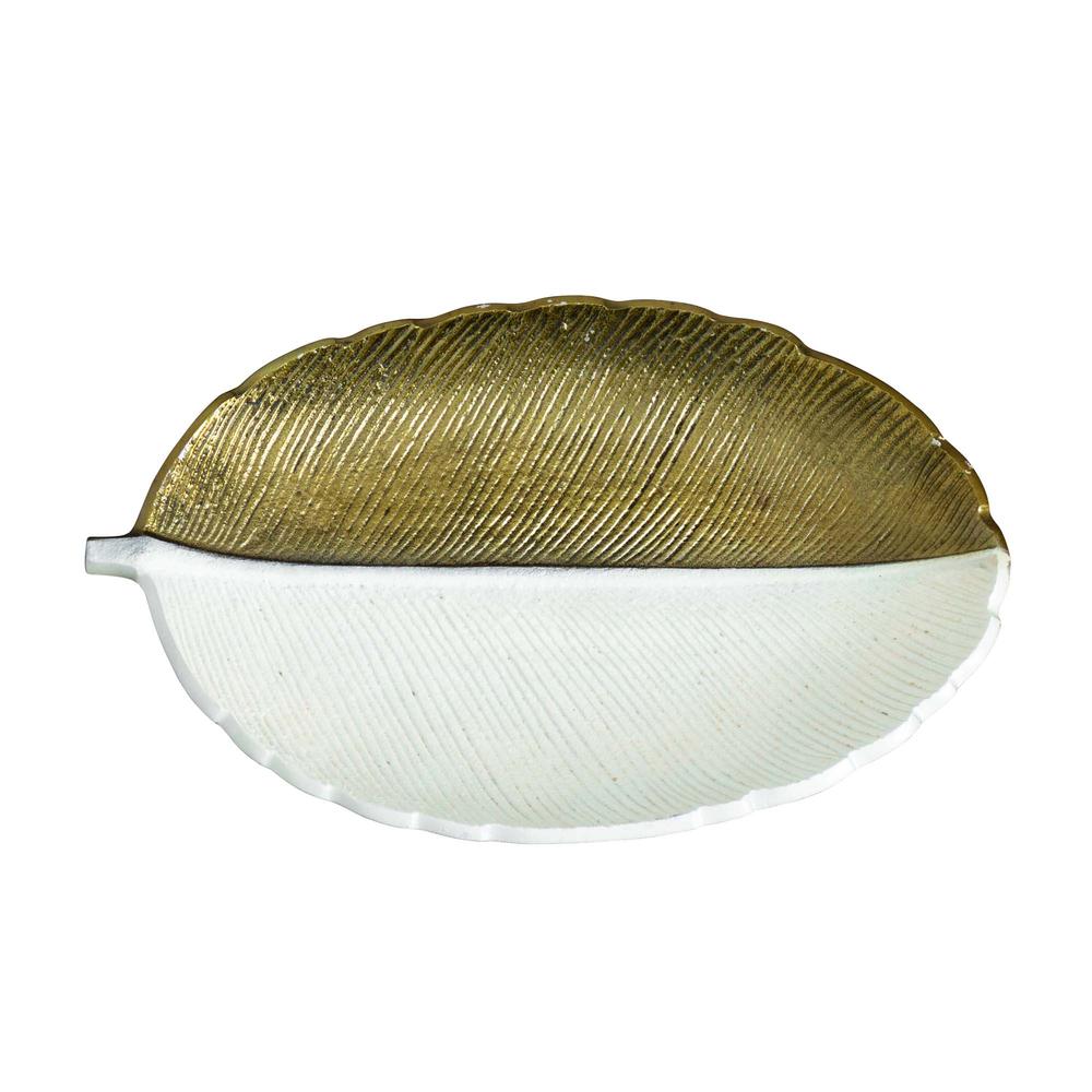 14in. Gold and White Leaf Decorative Accent Tray. Picture 8