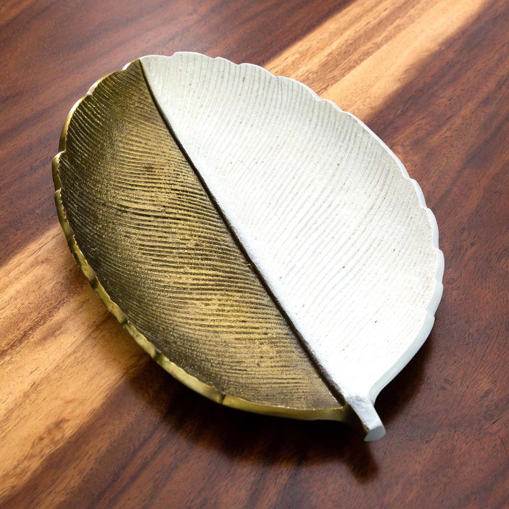 14in. Gold and White Leaf Decorative Accent Tray. Picture 4
