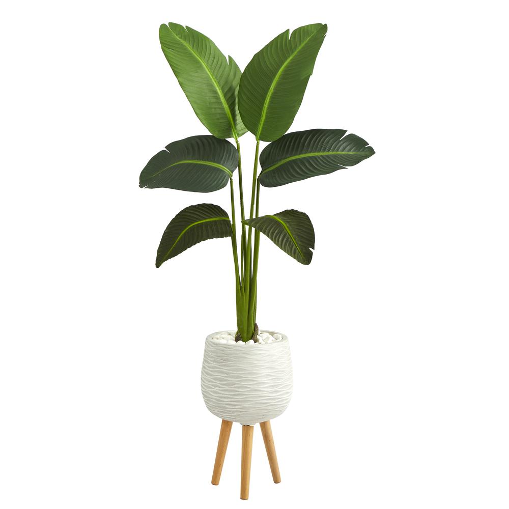 5ft. Travelers Palm Artificial Plant in White Planter with Stand (Real Touch). Picture 1
