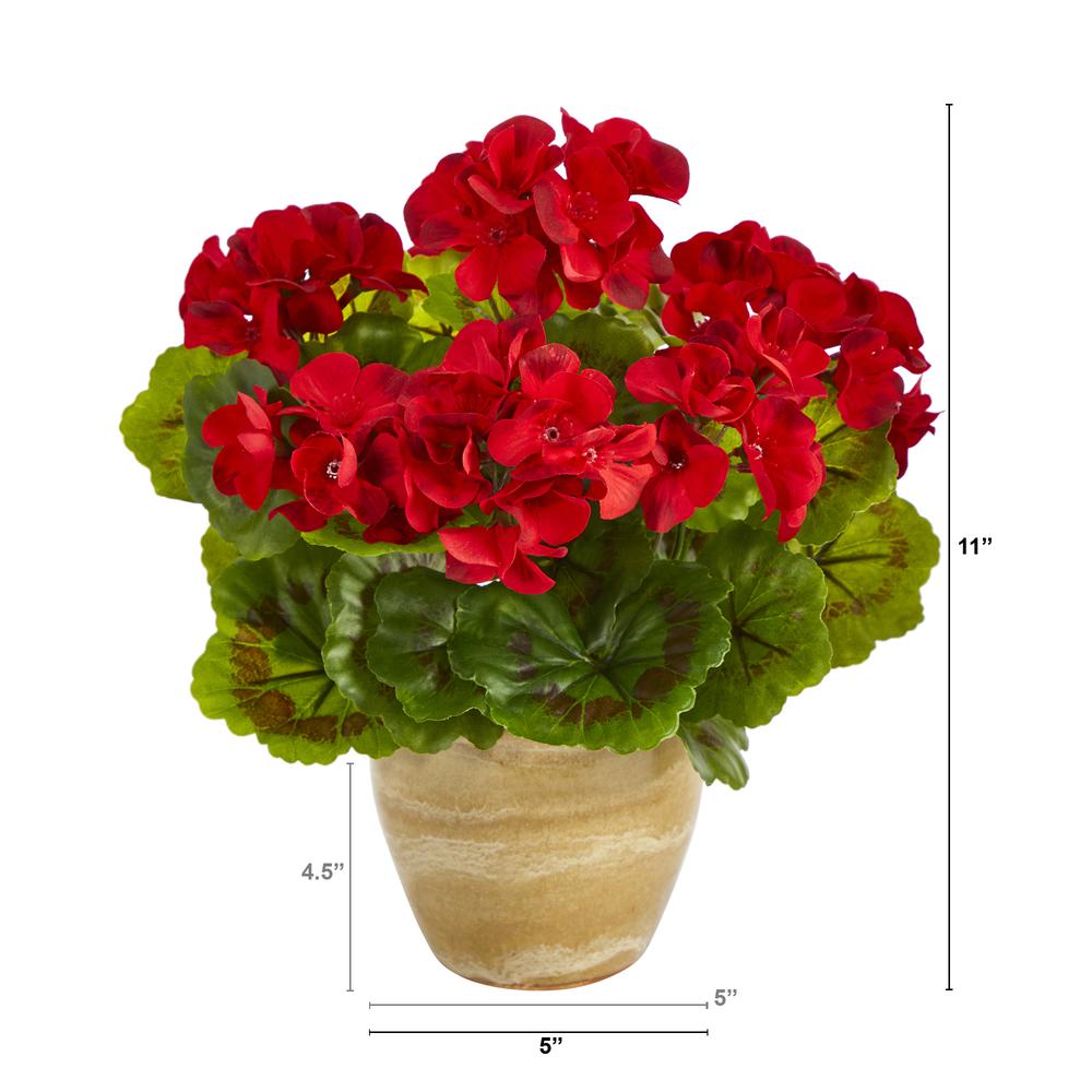 11in. Geranium Artificial Plant in Ceramic Planter UV Resistant (Indoor/Outdoor), Red. Picture 2