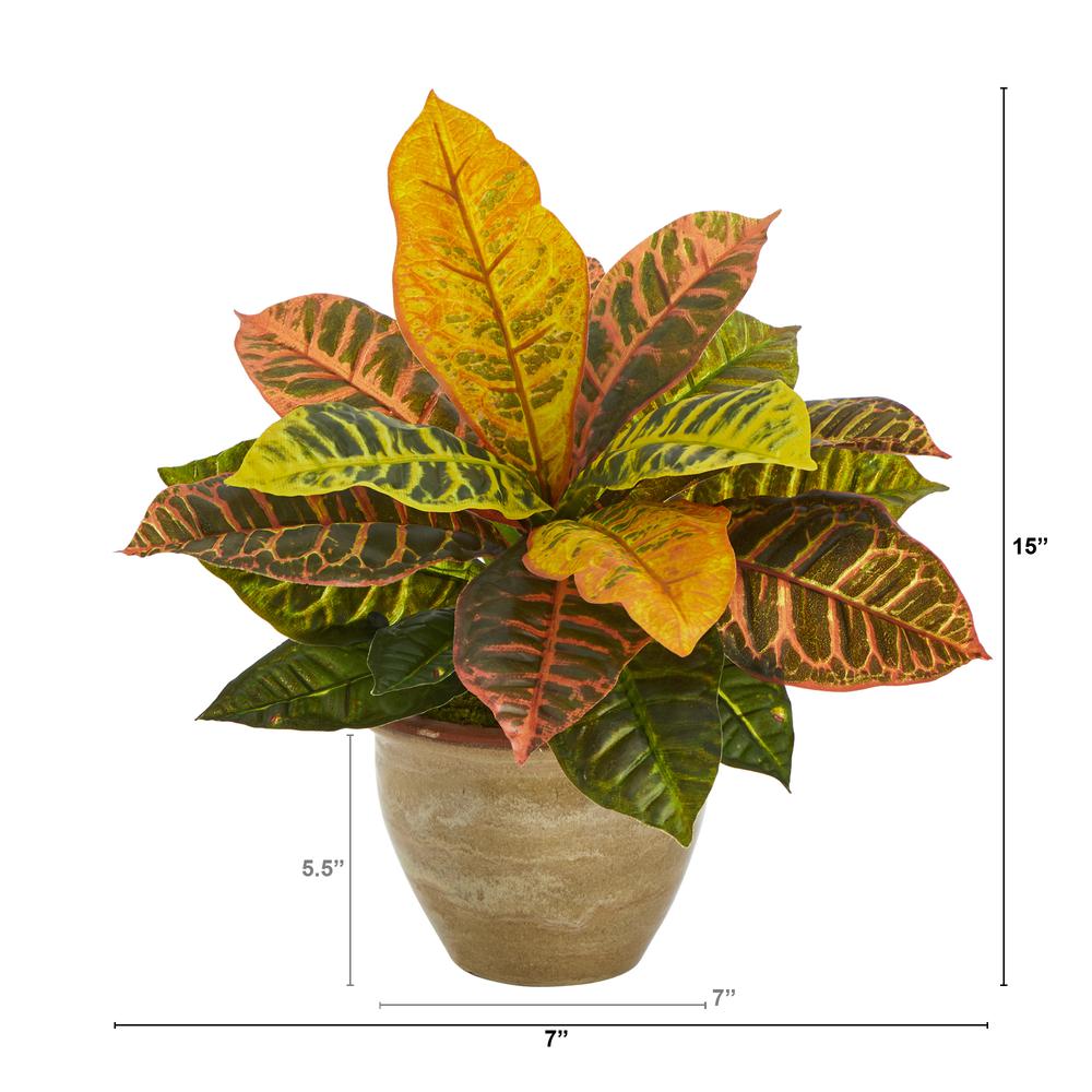 15in. Garden Croton Artificial Plant in Ceramic Planter (Real Touch). Picture 2