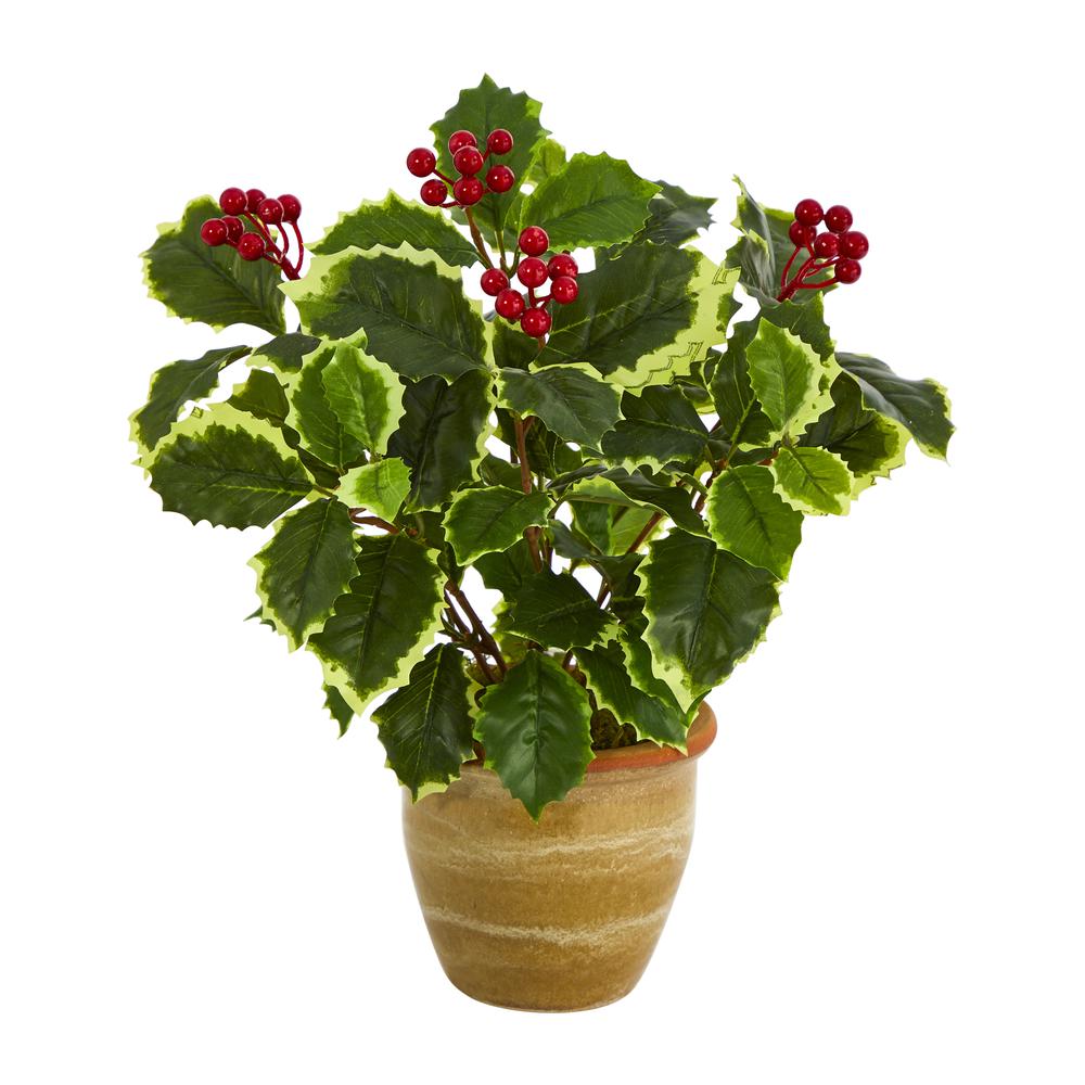 14in. Variegated Holly Leaf Artificial Plant in Ceramic Planter (Real Touch). Picture 1