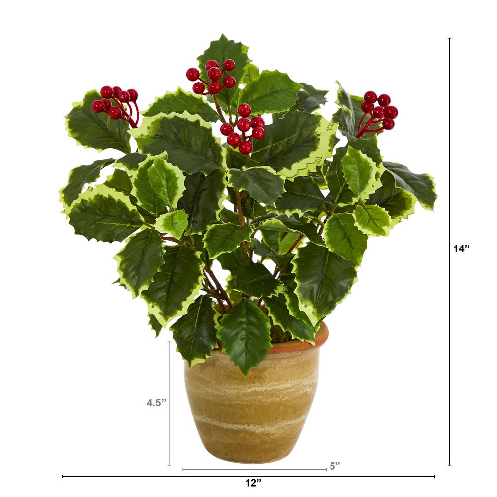 14in. Variegated Holly Leaf Artificial Plant in Ceramic Planter (Real Touch). Picture 2
