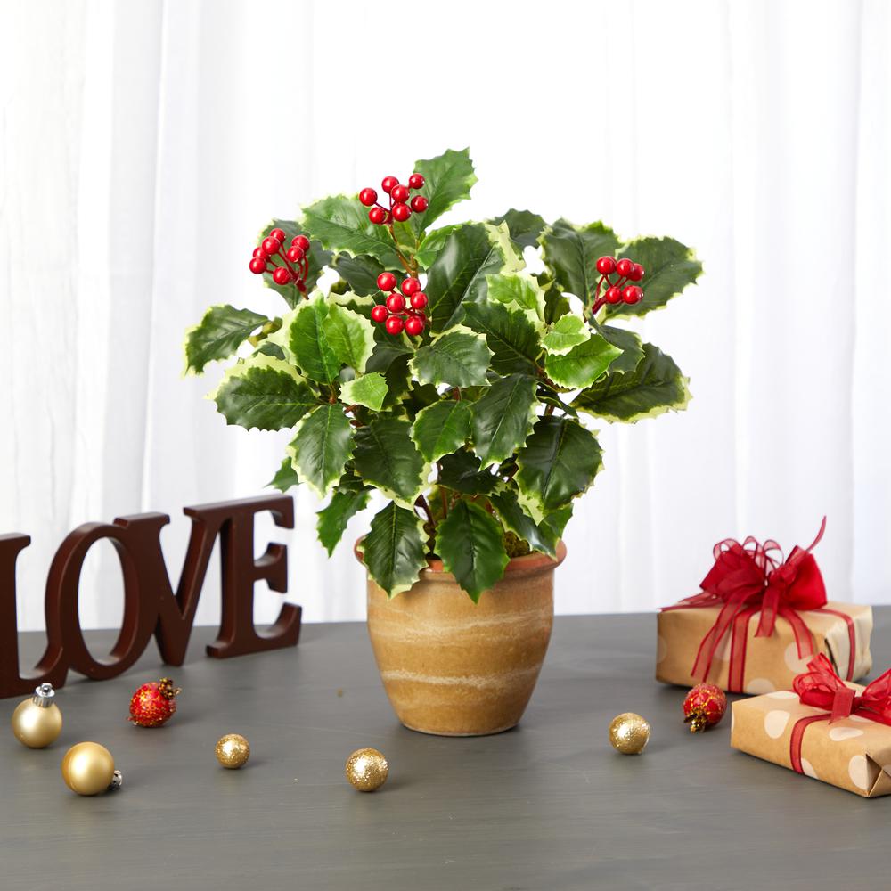 14in. Variegated Holly Leaf Artificial Plant in Ceramic Planter (Real Touch). Picture 3