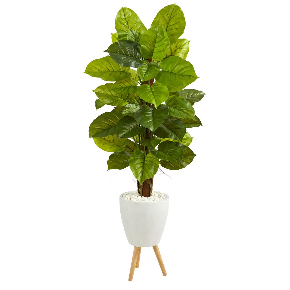 60in. Large Leaf Philodendron Artificial Plant in White Planter with Stand (Real Touch). Picture 1