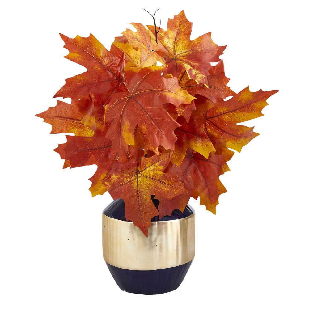 18in. Autumn Maple Leaf Artificial Plant in Blue and Gold Planter. Picture 1