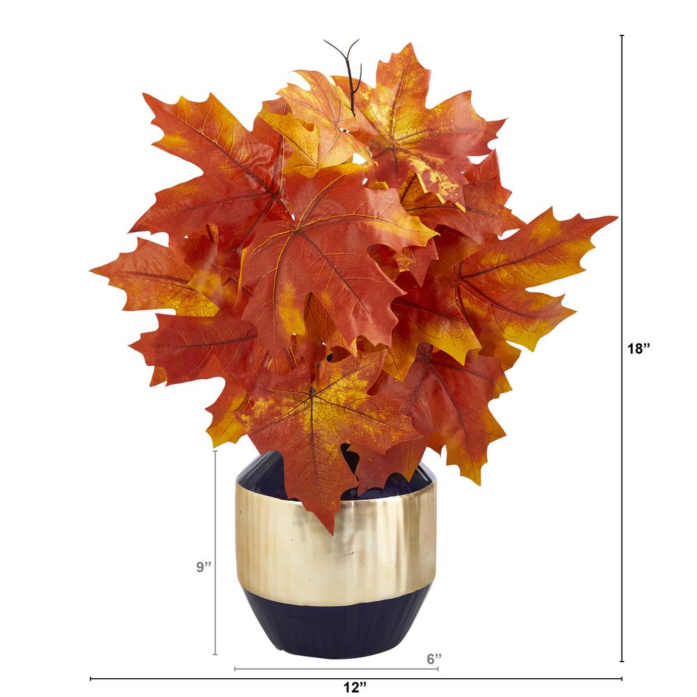 18in. Autumn Maple Leaf Artificial Plant in Blue and Gold Planter. Picture 2