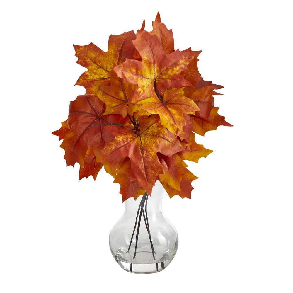 18in. Autumn Maple Leaf Artificial Plant in Glass Planter. Picture 1