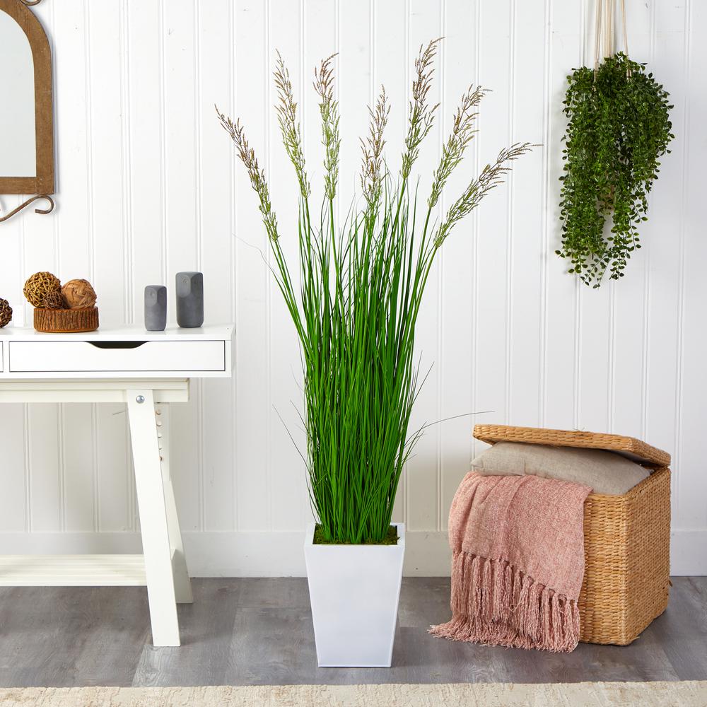 64in. Wheat Grass Artificial Plant in White Metal Planter. Picture 4