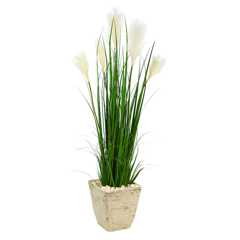4.5ft. Wheat Plume Grass Artificial Plant in Country White Planter. Picture 1
