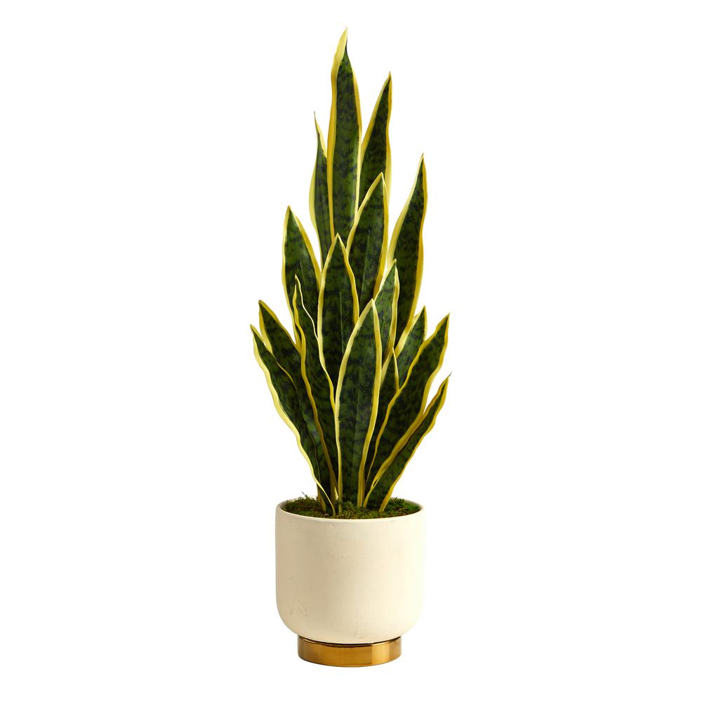 3ft. Sansevieria Artificial Plant in Cream Planter with Gold Base. Picture 1
