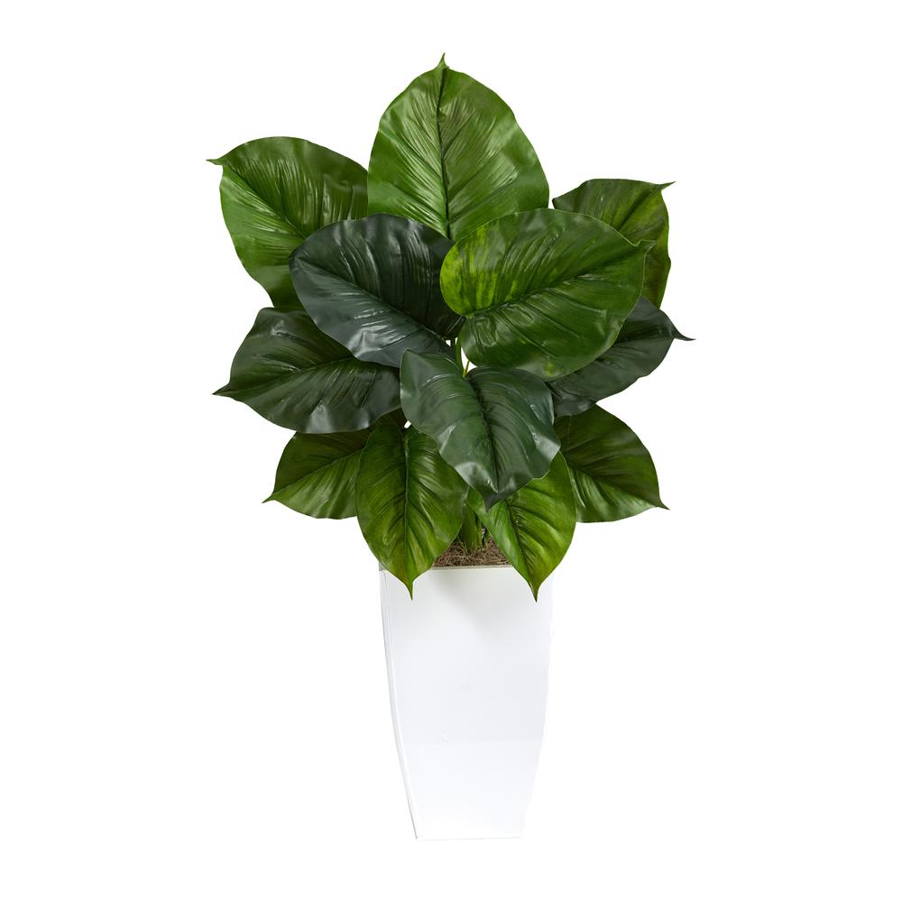 34in. Large Philodendron Leaf Artificial Plant in White Metal Planter. Picture 1