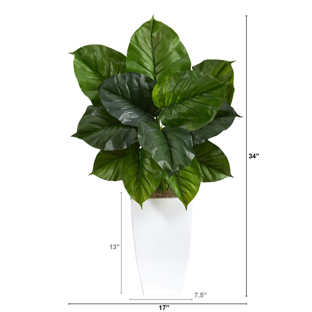 34in. Large Philodendron Leaf Artificial Plant in White Metal Planter. Picture 2