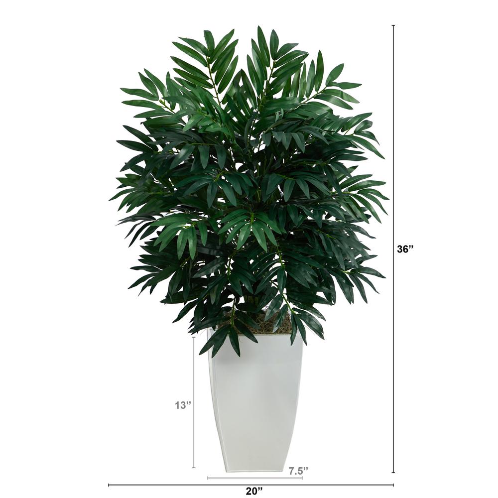3ft. Bamboo Palm Artificial Plant in White Metal Planter. Picture 3