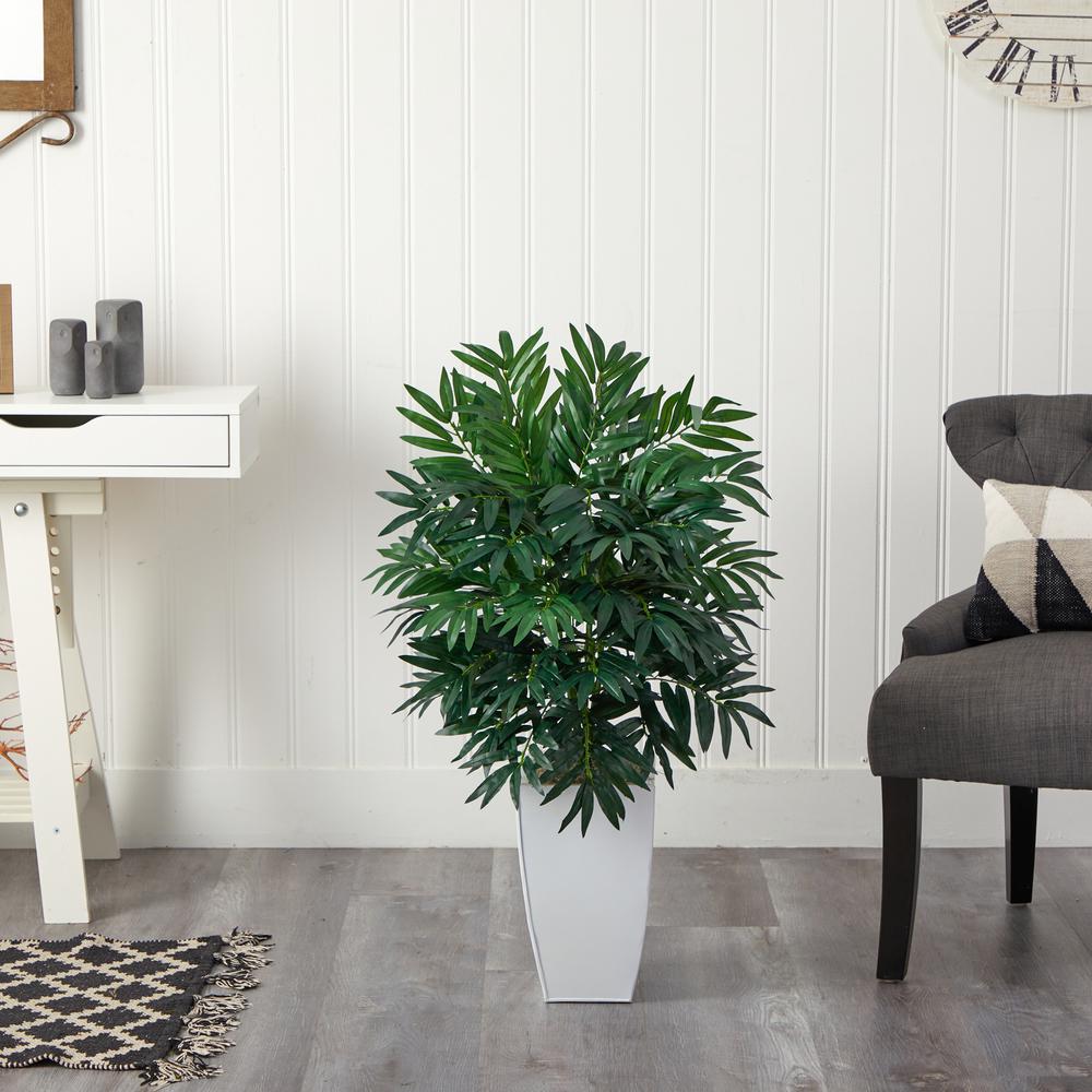 3ft. Bamboo Palm Artificial Plant in White Metal Planter. Picture 2