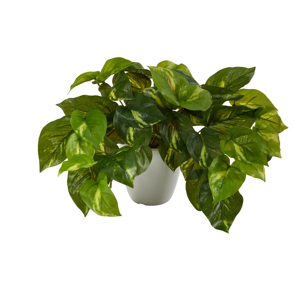9in. Pothos Artificial Plant in White Planter (Real Touch),Green. Picture 1