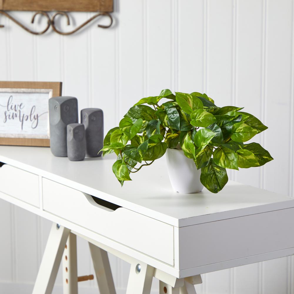 9in. Pothos Artificial Plant in White Planter (Real Touch),Green. Picture 3