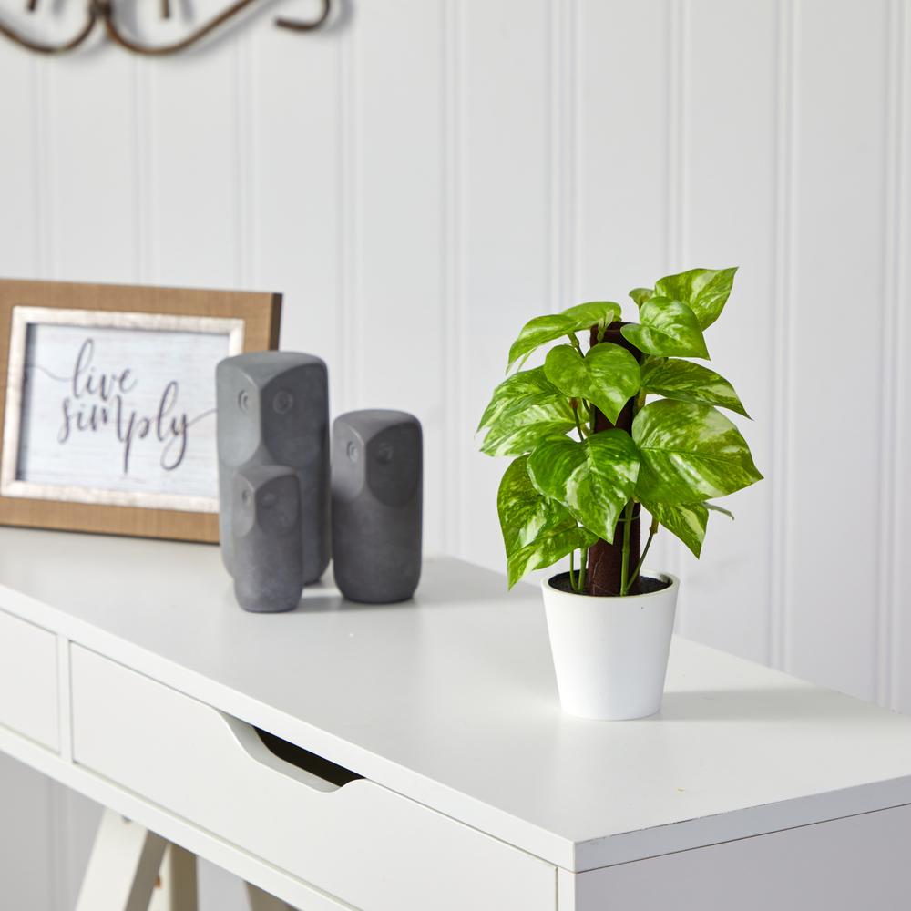 9in. Pothos Artificial Plant in White Planter (Real Touch), Green. Picture 4