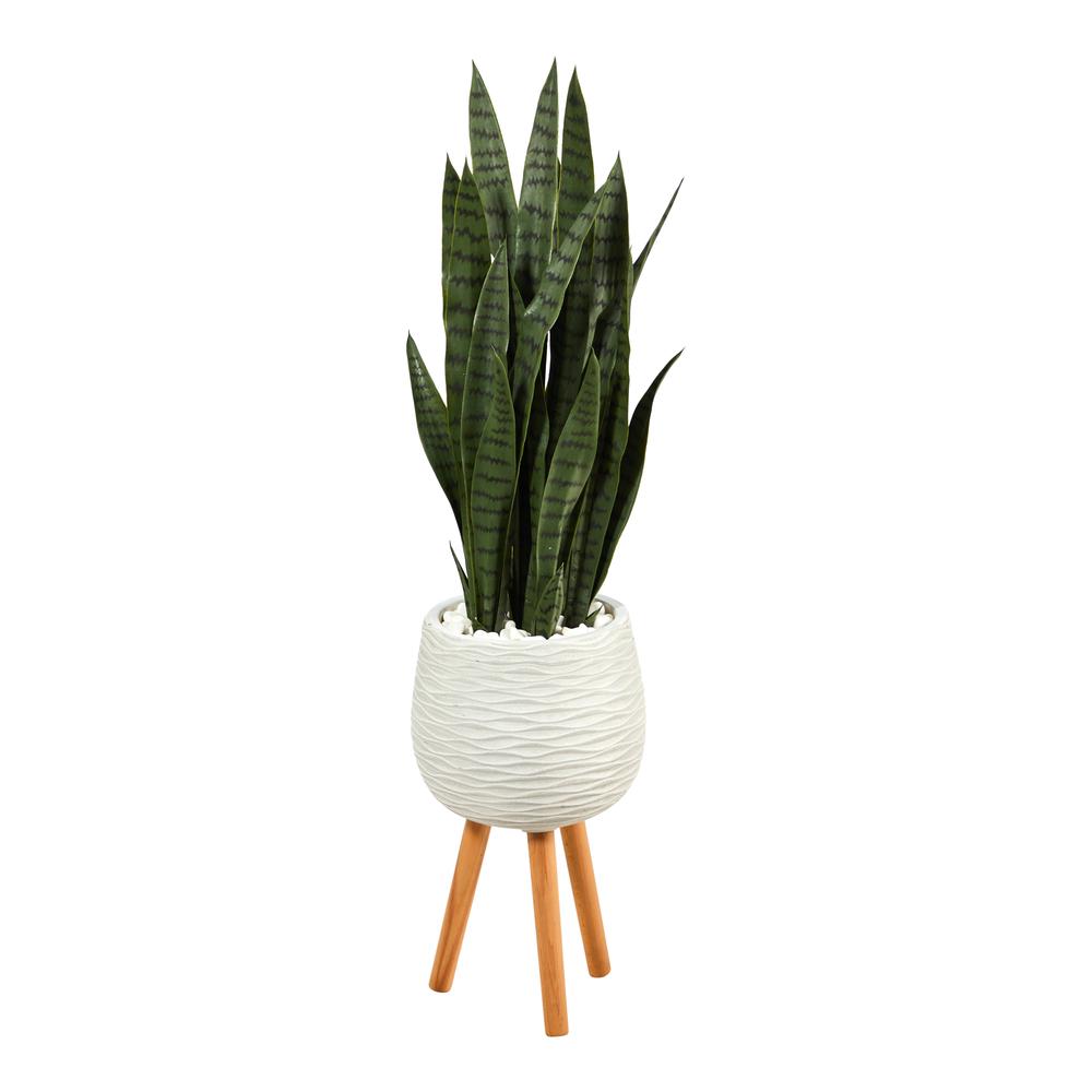 46in. Sansevieria Artificial Plant in White Planter with Stand. Picture 1