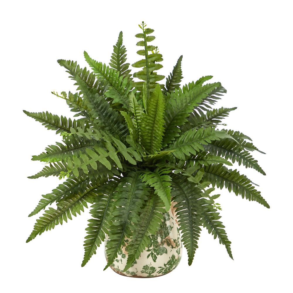 15in. Boston Fern Artificial Plant with Tuscan Ceramic Green Scroll Planter. Picture 1