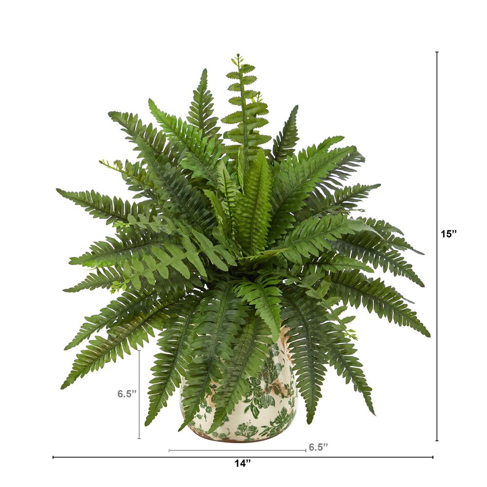 15in. Boston Fern Artificial Plant with Tuscan Ceramic Green Scroll Planter. Picture 2