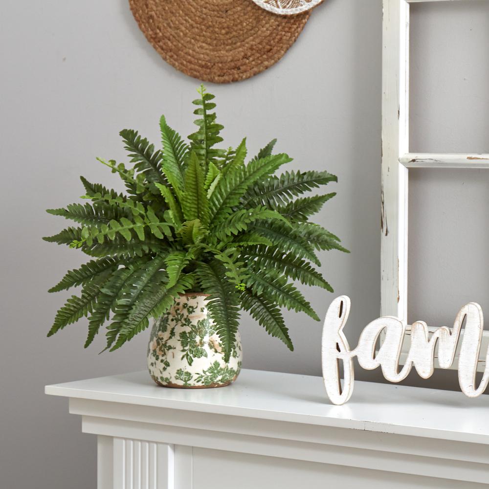 15in. Boston Fern Artificial Plant with Tuscan Ceramic Green Scroll Planter. Picture 4