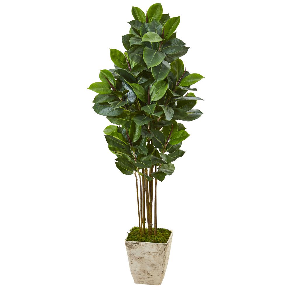 63in. Rubber Leaf Artificial Tree in Country White Planter. Picture 1