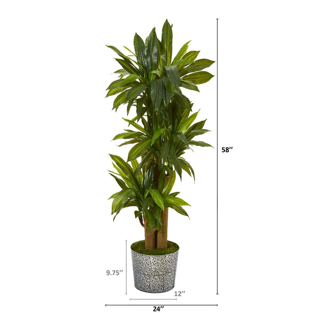 58in. Corn Stalk Dracaena Artificial Plant in Black Embossed Tin Planter (Real Touch). Picture 2