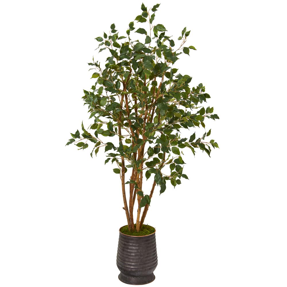 4.5ft. Ficus Artificial Tree in Ribbed Metal Planter. Picture 1