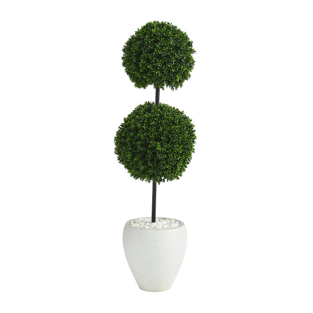 4ft. Boxwood Double Ball Artificial Topiary Tree in White Planter UV Resistant (Indoor/Outdoor). Picture 1