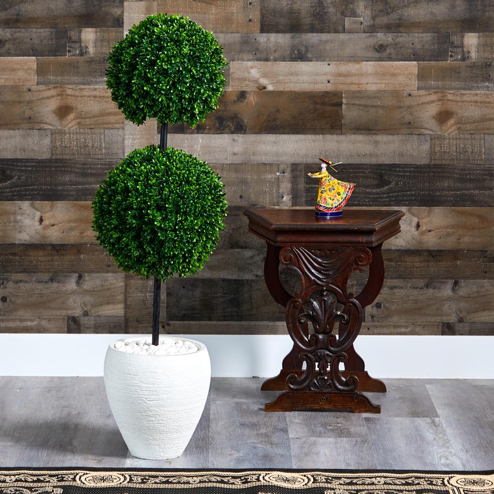 4ft. Boxwood Double Ball Artificial Topiary Tree in White Planter UV Resistant (Indoor/Outdoor). Picture 4