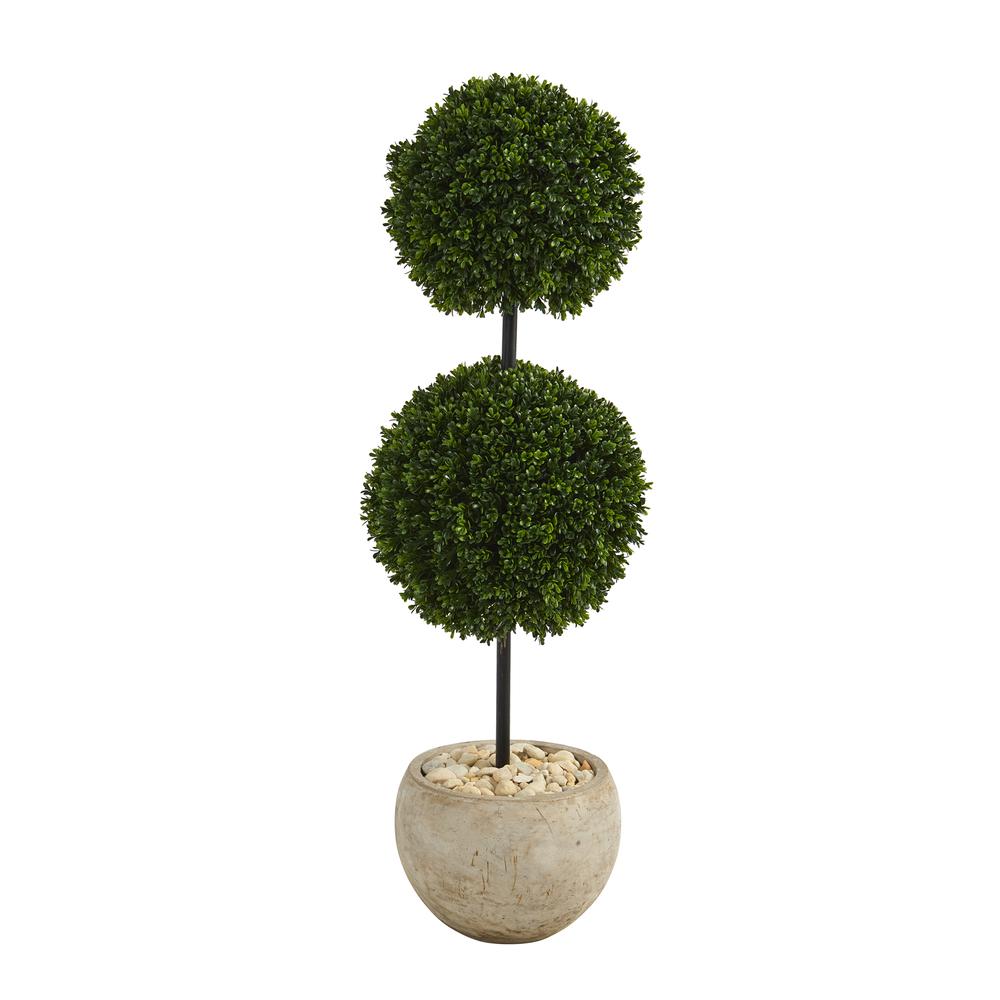 45in. Boxwood Double Ball Artificial Topiary Tree in Sand Colored Planter UV Resistant (Indoor/Outdoor). Picture 1