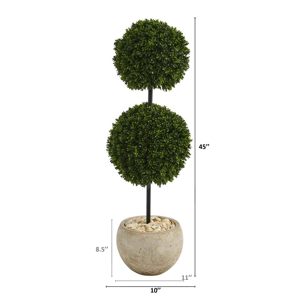 45in. Boxwood Double Ball Artificial Topiary Tree in Sand Colored Planter UV Resistant (Indoor/Outdoor). Picture 3