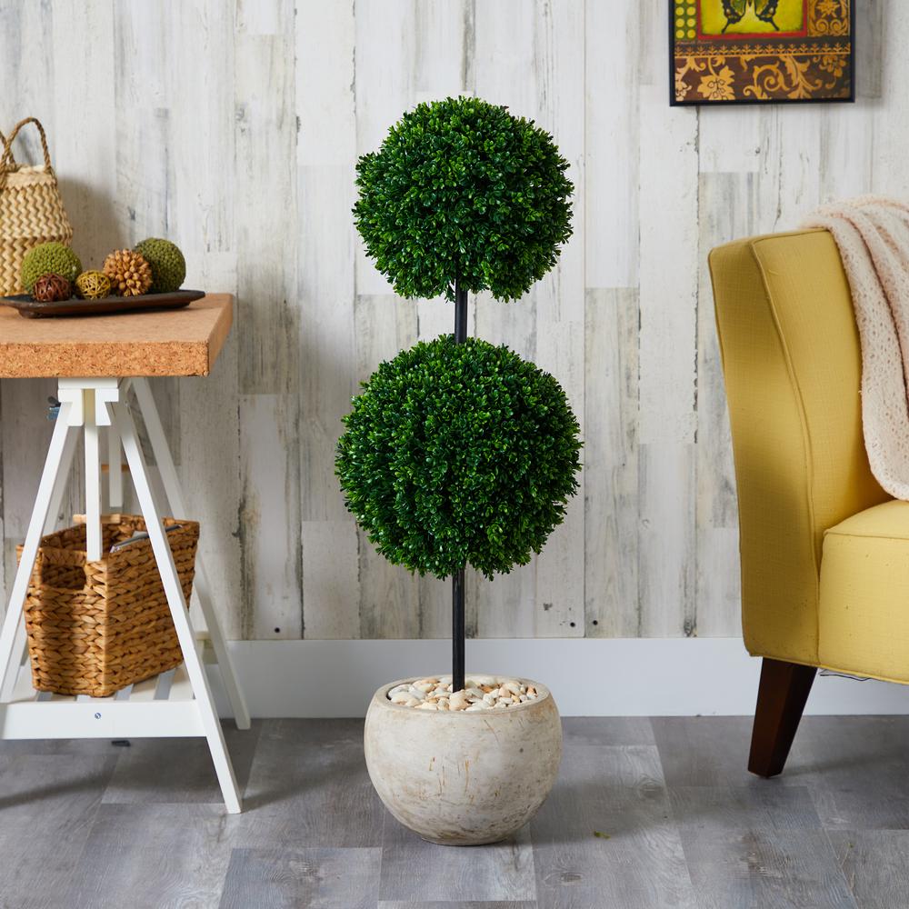 45in. Boxwood Double Ball Artificial Topiary Tree in Sand Colored Planter UV Resistant (Indoor/Outdoor). Picture 2