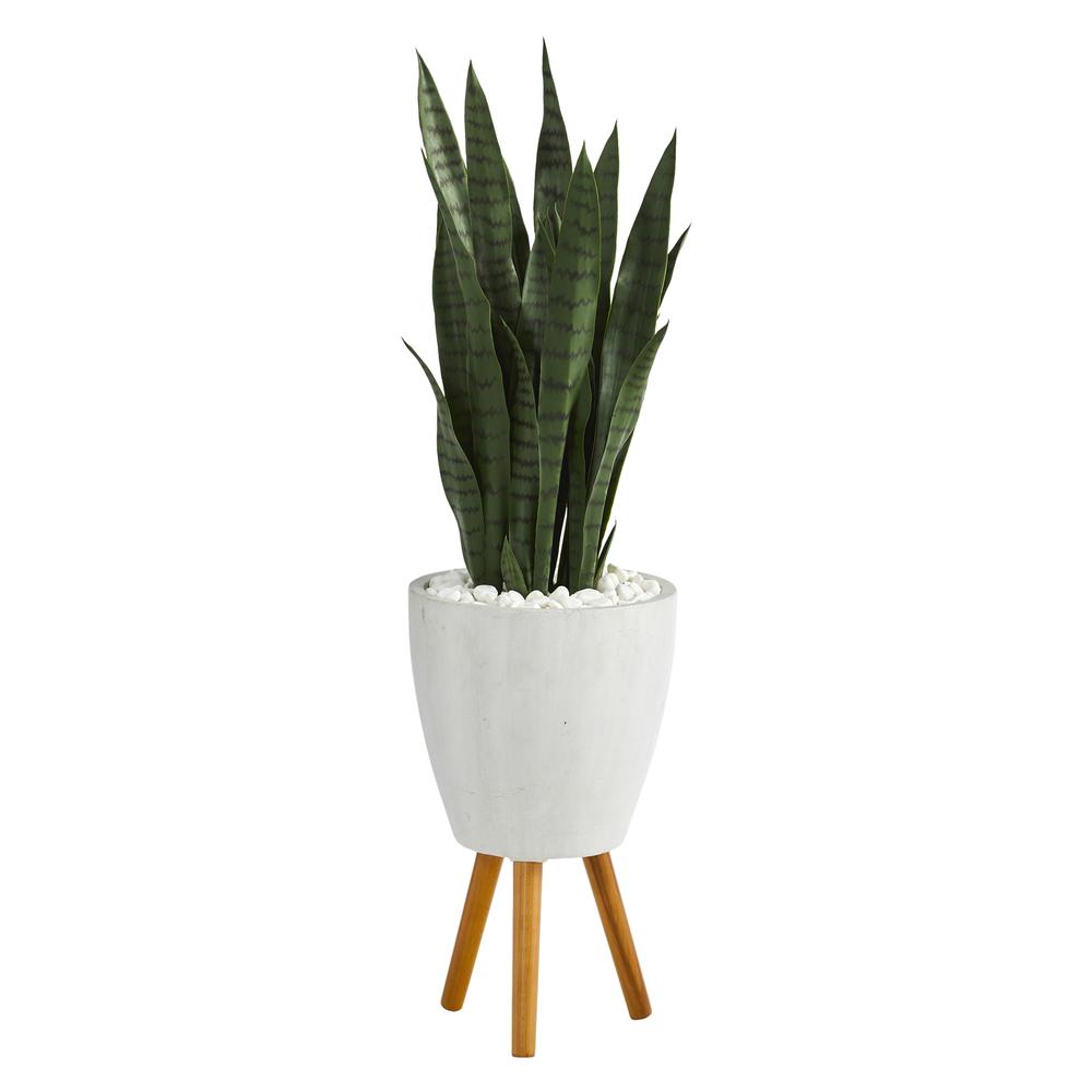 4ft. Sansevieria Artificial Plant in White Planter with Stand. Picture 1