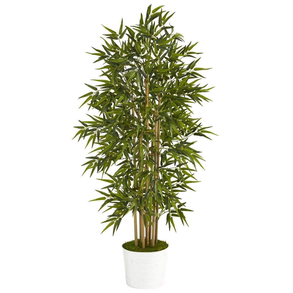 64in. Bamboo Artificial Tree in White Tin Planter. The main picture.