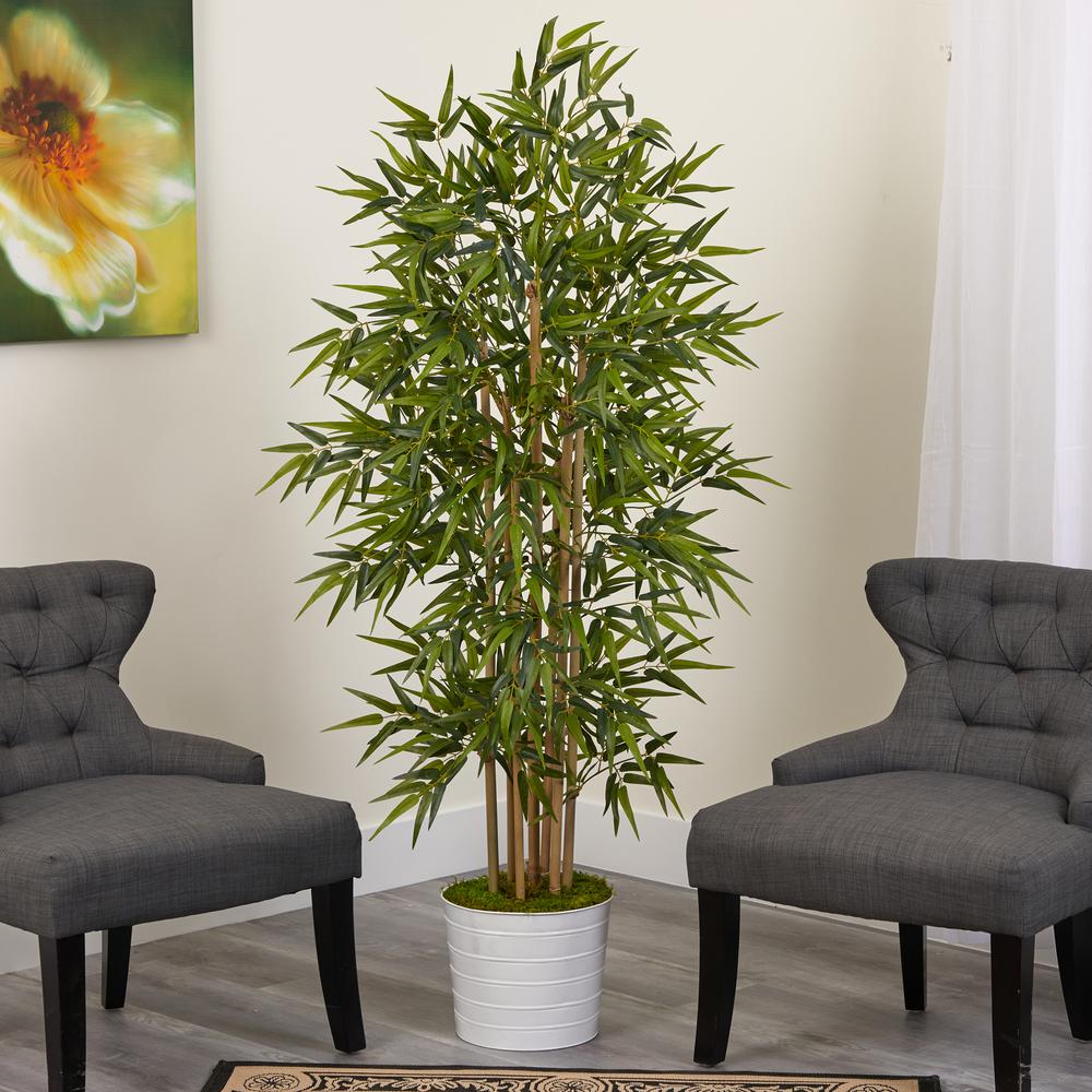 64in. Bamboo Artificial Tree in White Tin Planter. Picture 3
