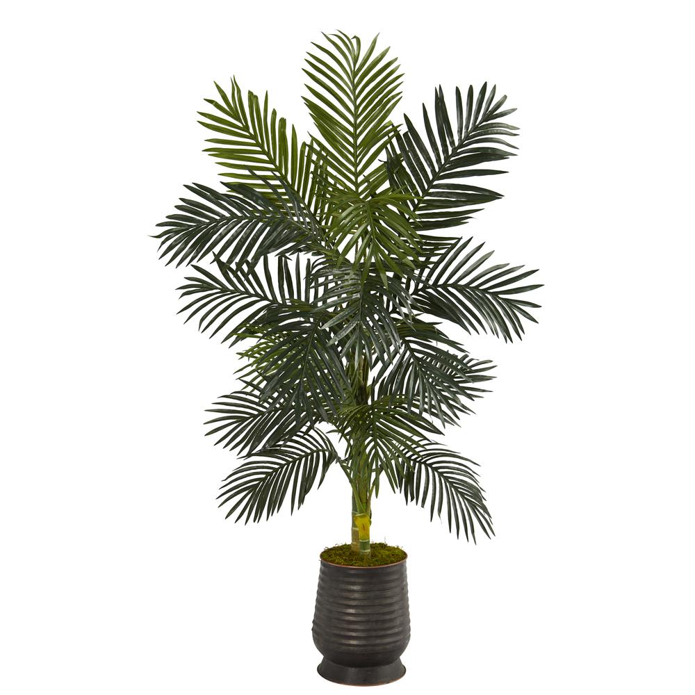 62in. Golden Cane Artificial Palm Tree in Ribbed Metal Planter. Picture 1
