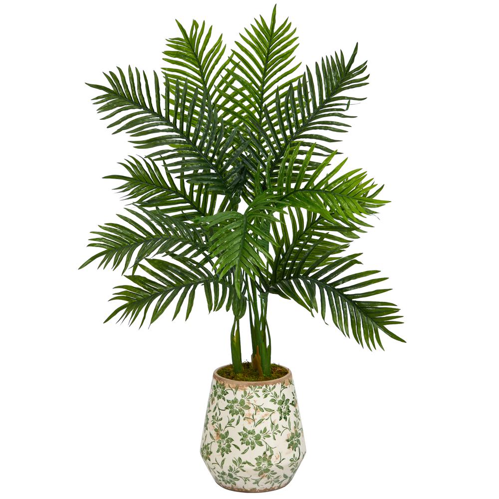 46in. Areca Palm Artificial Tree in Floral Print Planter (Real Touch). Picture 1