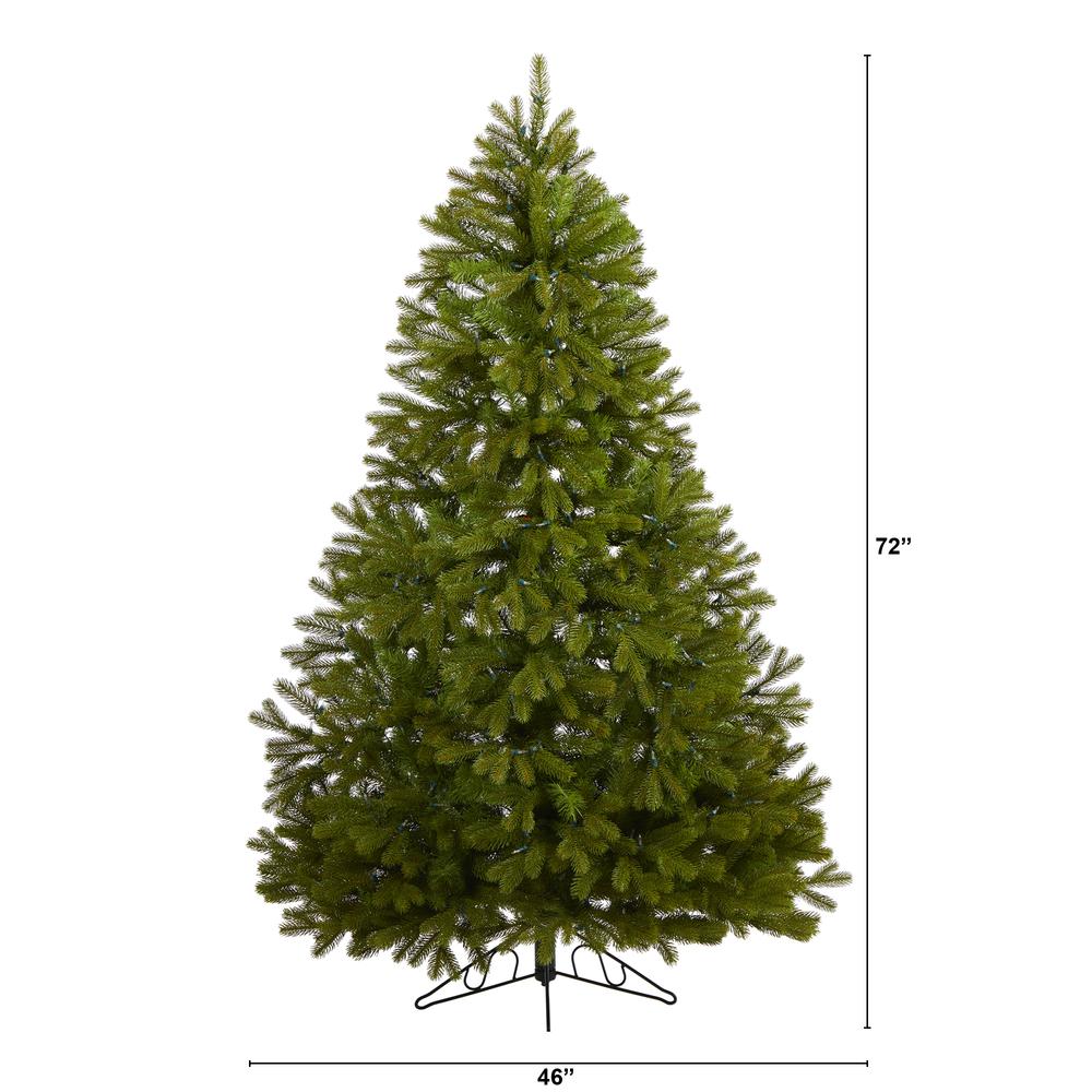 6ft. Cambridge Spruce Flat Back Artificial Christmas Tree with 350 Warm White (Multifunction) LED Lights and 642 Bendable Branches. Picture 1
